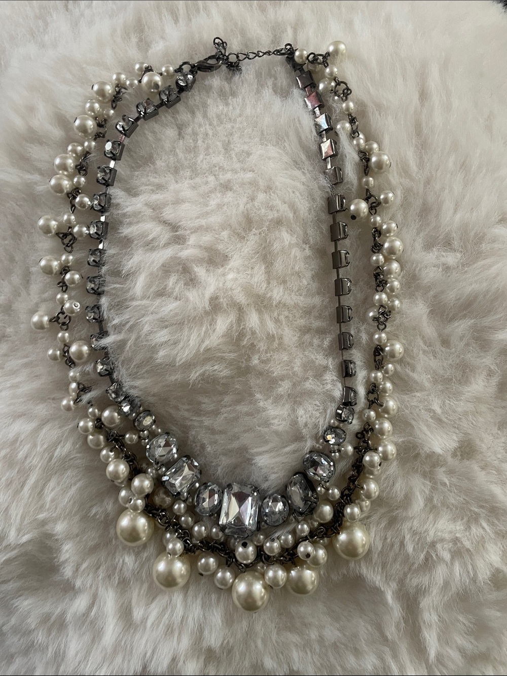Layered Pearl and Crystal Necklace in White and Silver-Tone